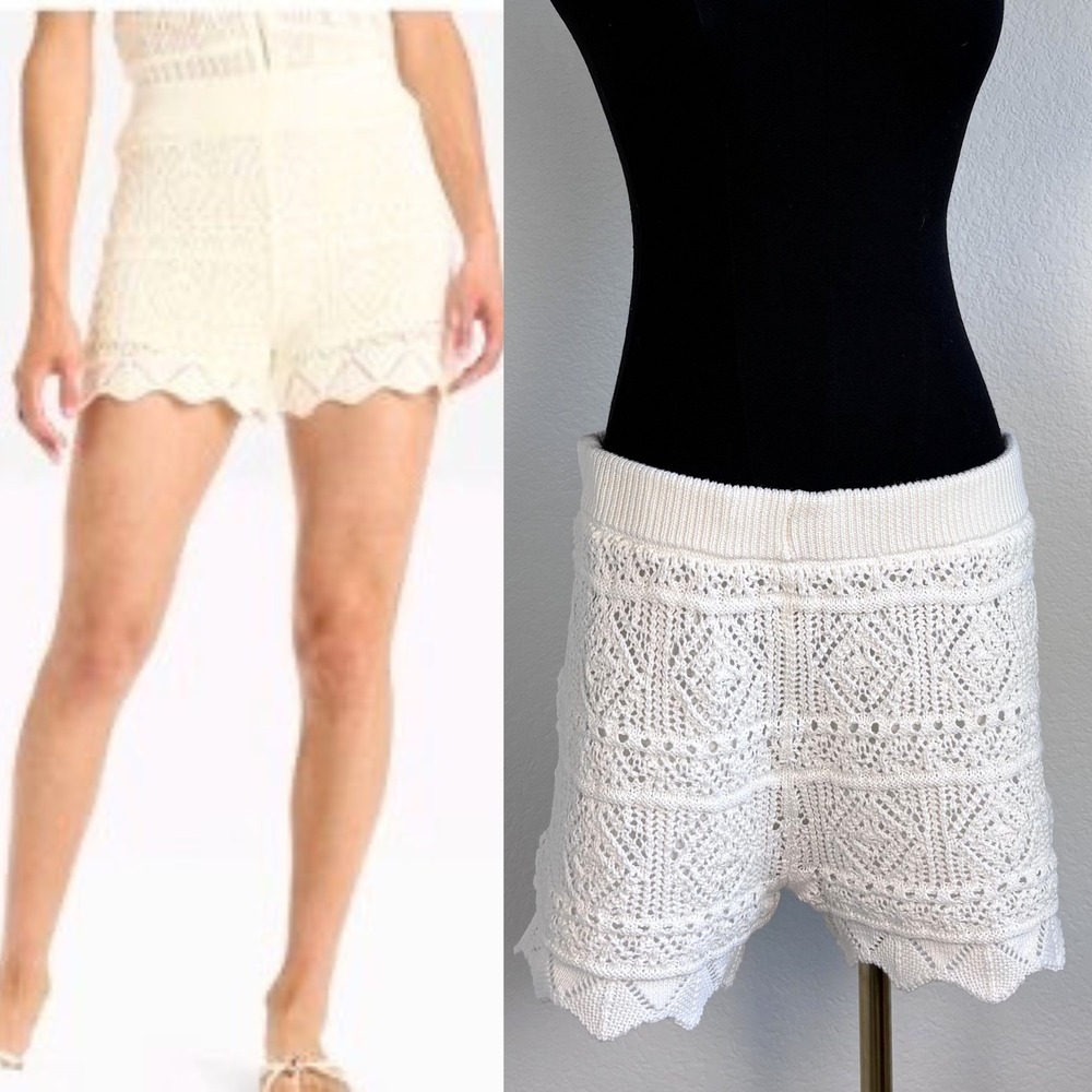 A New Day Crochet Pointelle Knit Shorts Scalloped Hem, Cream Large Boho Festival